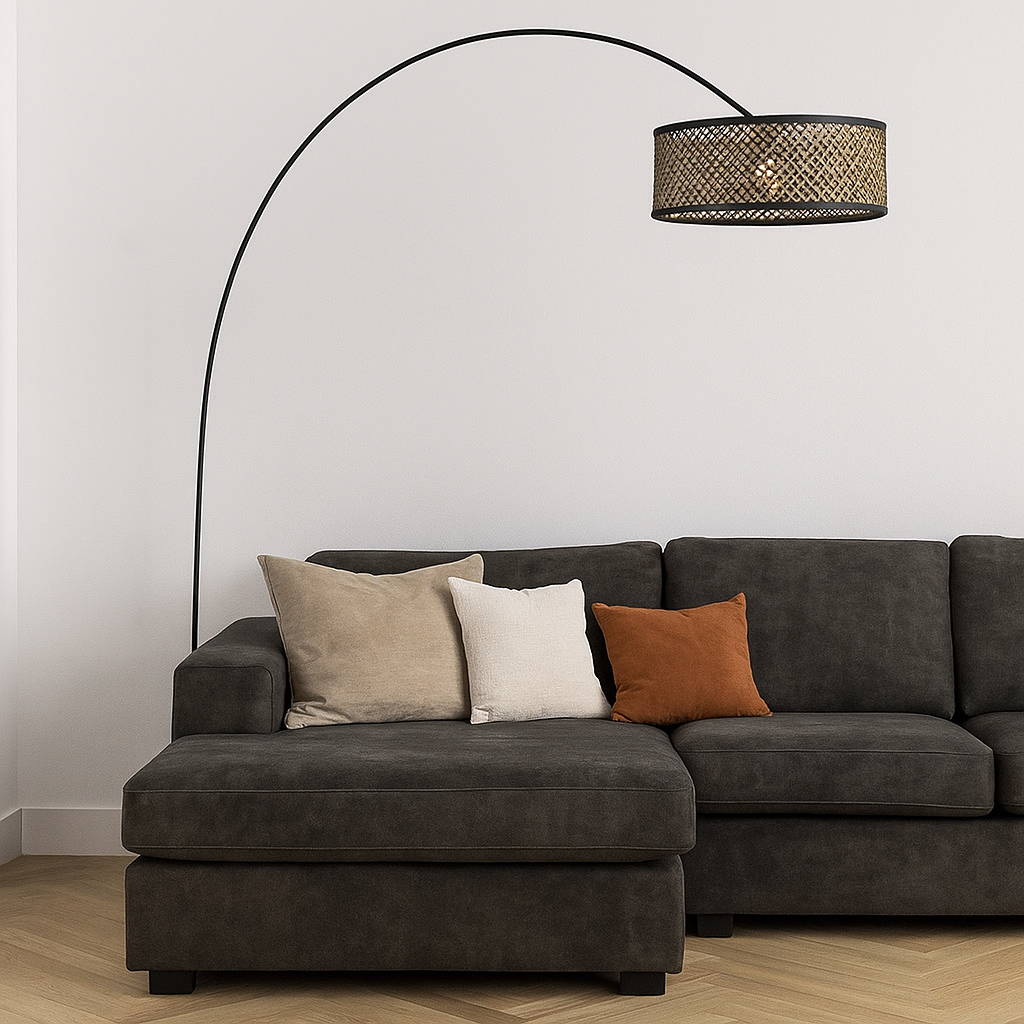 Steinhauer VloerlampCurve zwart met rotan kap Ø 50cm - 4261ZW